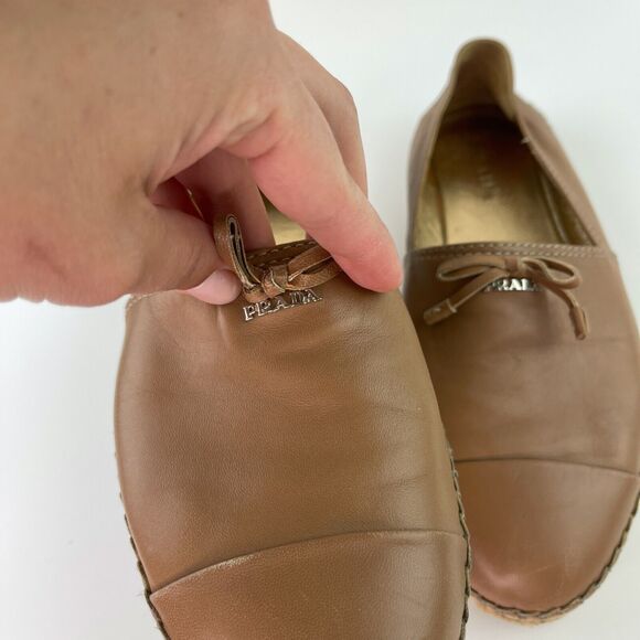PRADA Light Brown Beige Leather Bows Trim Espadrilles Shoes Women’s 39.5 CLASSIC - Picture 5 of 11